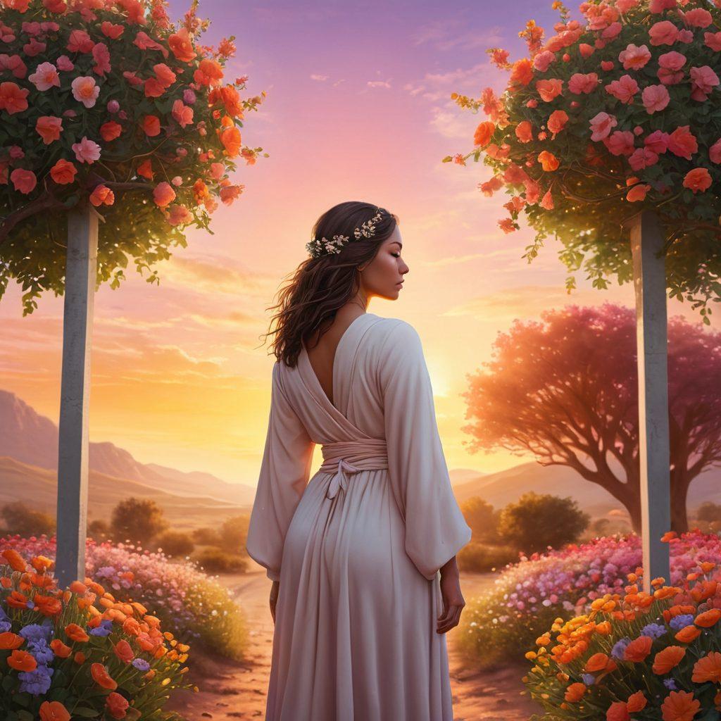 A serene woman standing at a crossroads, reflecting on her journey from self-doubt to self-love, surrounded by blooming flowers symbolizing growth, with a soft sunrise in the background representing hope and new beginnings. Include warm, inviting colors to evoke feelings of acceptance and empowerment. super-realistic. vibrant colors. peaceful environment.