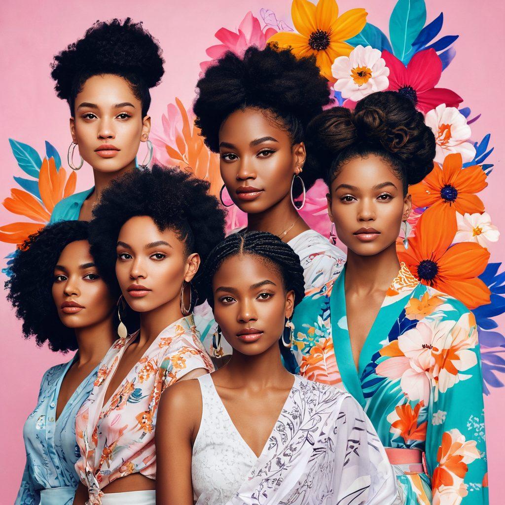 A diverse group of women confidently expressing their unique beauty, surrounded by vibrant flowers and abstract patterns symbolizing self-expression. Each woman showcases different cultural backgrounds, hairstyles, and clothing styles, embodying empowerment and individuality. The setting is bright and uplifting, with soft pastel tones and a touch of ethereal light. A subtle overlay of handwritten empowering quotes enhances the narrative theme. digital painting. vibrant colors. soft focus.