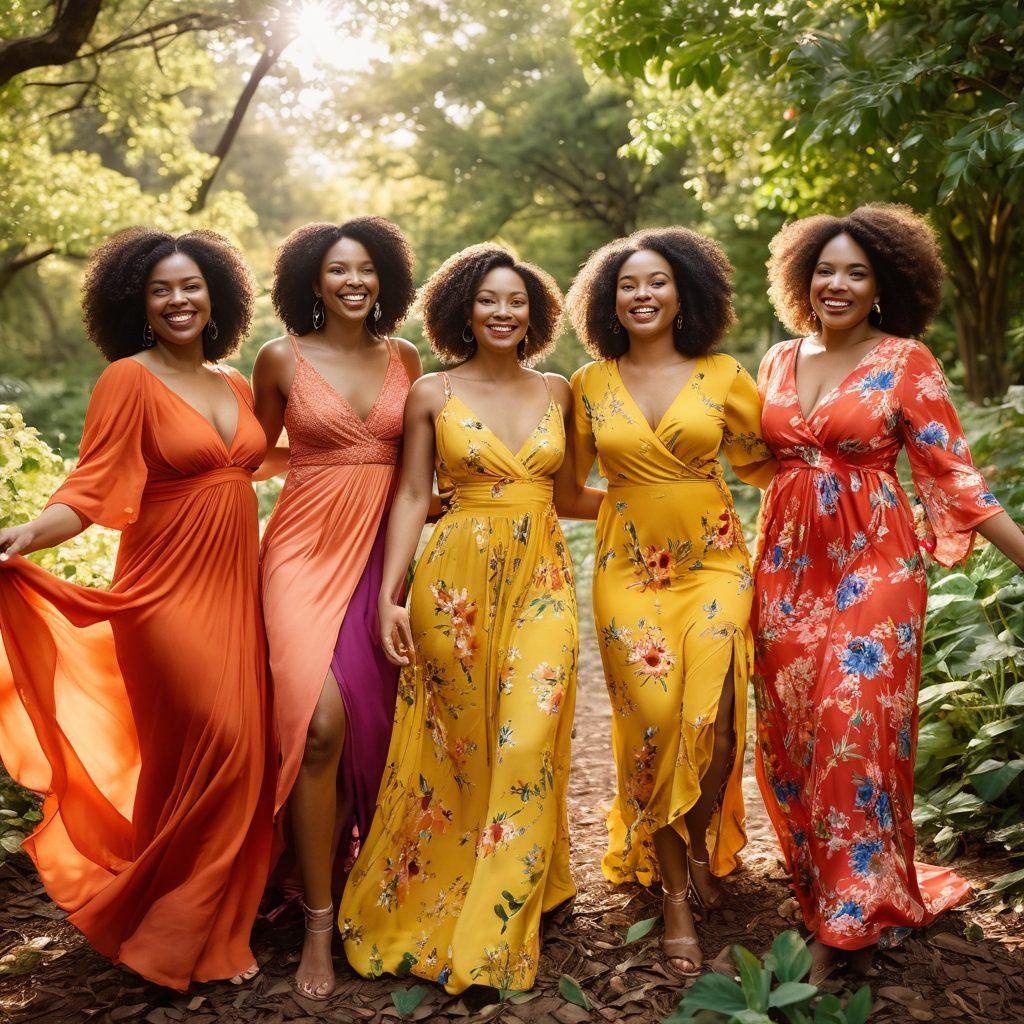 A diverse group of women of different body types and ethnicities joyfully celebrating their beauty in a lush natural setting, adorned in colorful flowing dresses. Each woman is confidently posing, radiating happiness and empowerment, with blooming flowers surrounding them symbolizing growth and acceptance. Soft sunlight filters through the leaves, casting gentle shadows and highlighting their radiant smiles. The scene conveys warmth, positivity, and a sense of community. vibrant colors. super-realistic.